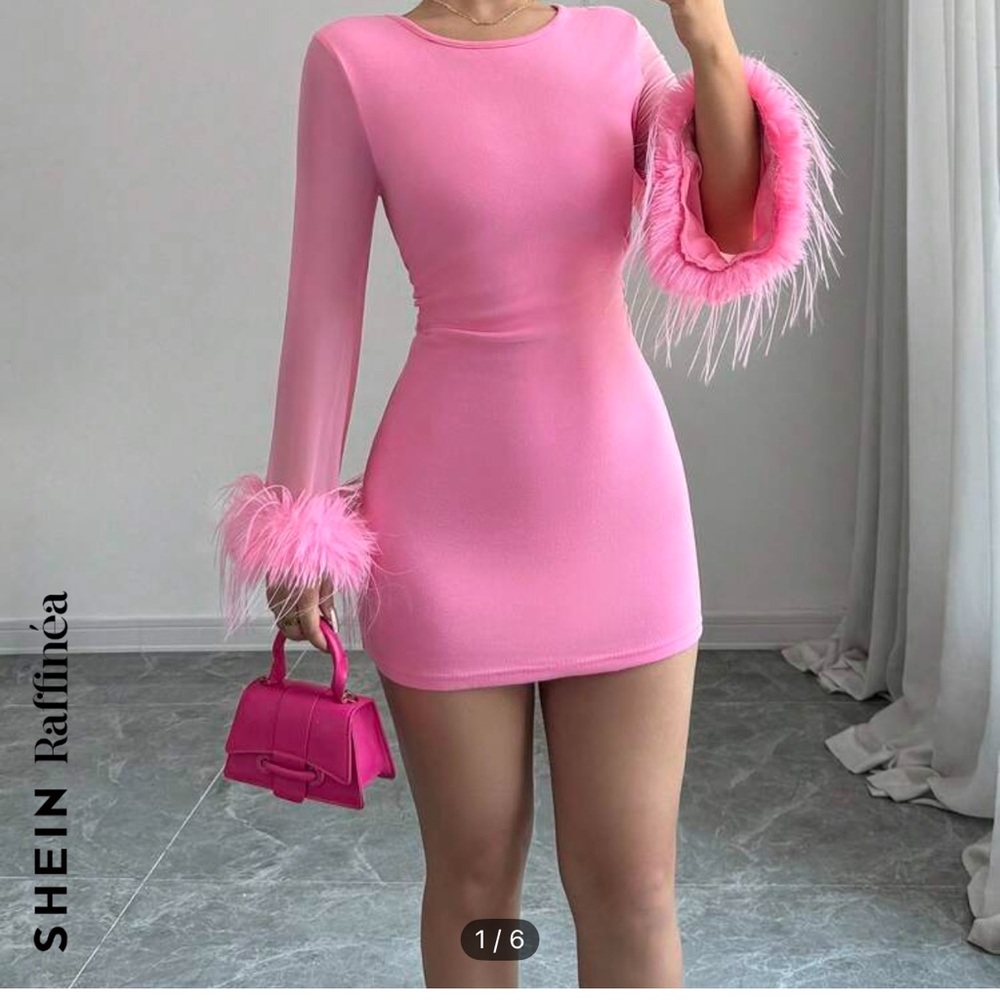 SHEIN Pink Feather Trim Dress